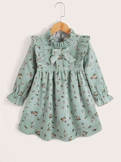Toddler Girls Corduroy Floral Print Ruffle Bow Front Dress