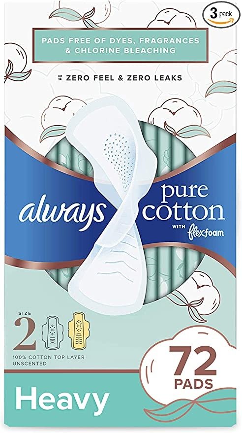 Always Pure Cotton with Flexfoam Pads, Size 2, Heavy Flow, 24 Count, Pack of 3