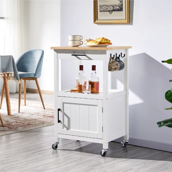 Alden Design Small Space Rolling Storage Kitchen Cart, White