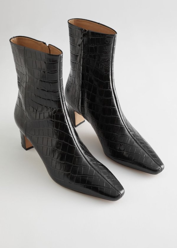 Croc Leather Heeled Ankle Boots