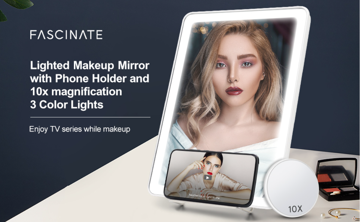 FASCINATE旅行化妆镜，可充电，三种颜色变换可触屏，十倍放大镜，11 X 7.8inch 加大款