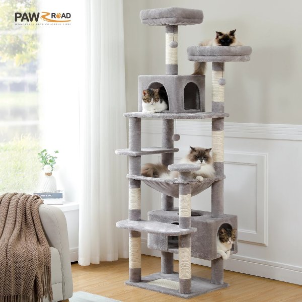 PAWZ Road 73" Cat Tree for Large Cats Multi Level Tall Cat Tower Condo with 7 Scratching Posts, Gray