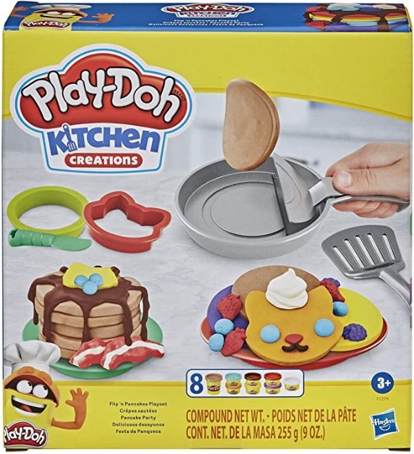 Kitchen Creations Flip 'n Pancakes Playset 14-Piece Breakfast Toy for Kids 3 Years and Up with 8 Non-Toxic Modeling Compound Colors