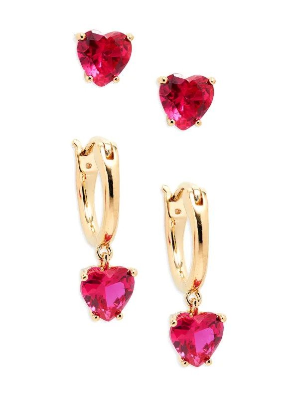Set of 2 18K Goldplated & Cubic Zirconia Heart Earrings