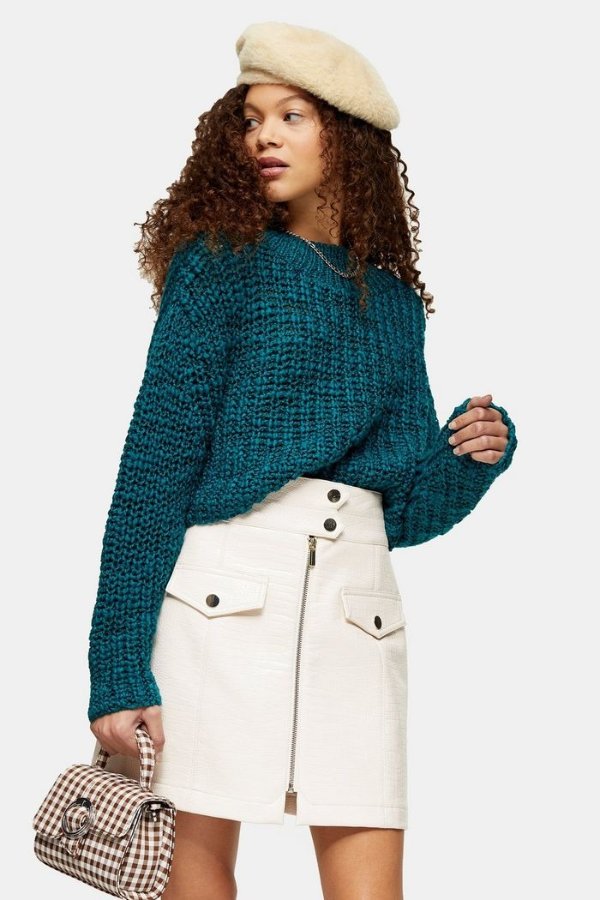 PETITE Teal Boucle Cropped Knitted Jumper With Wool