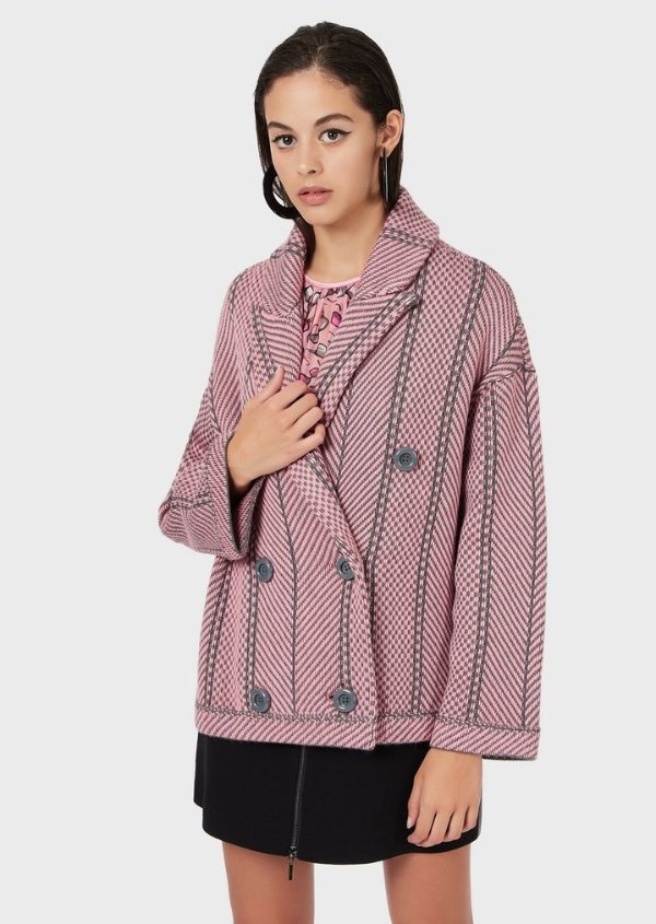 Mixed Wool, Double Breasted, Jacquard Jacket With Chevron Motif for Women | Emporio Armani