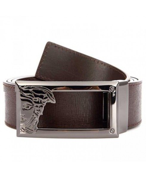 Mens Saffiano Leather Belt with Medusa Buckle - Brown