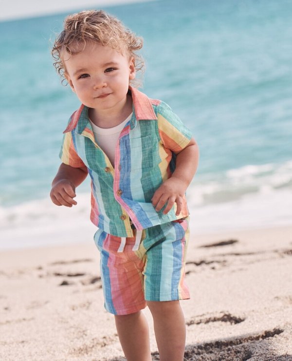 Baby Rainbow Print Slub Cotton Button Up Top & Shorts Set
