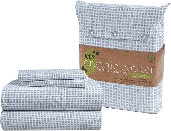 100% Organic Cotton Queen Sheets Set, 4-Piece Pure Organic Cotton Percale Sheets Queen, Cotton Bedsheets, Ultra Soft Bedding Sheets, Breathable GOTS Certified, Fits Mattress Upto 15" Deep - Polka Dot