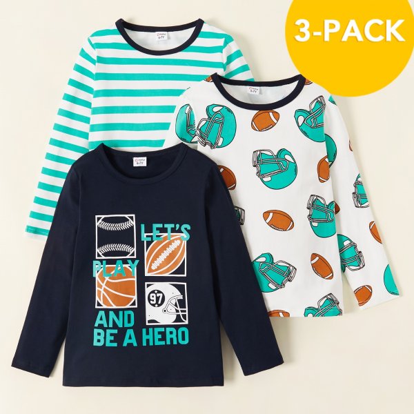 3-piece Soccer Allover Print Striped Longsleeves Tees