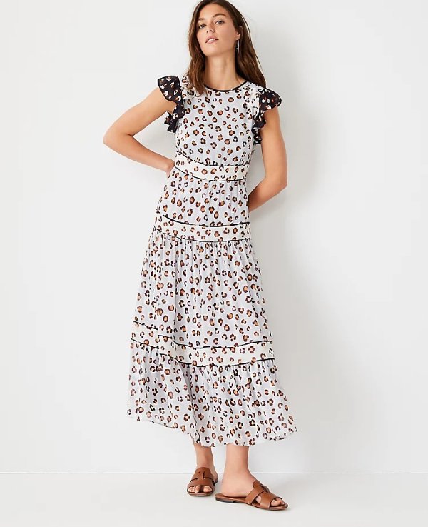 Tall Mixed Animal Print Ruffle Sleeve Midi Dress | Ann Taylor