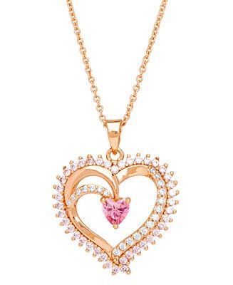 Pink Cubic Zirconia Heart Necklace in Fine Rose Gold Plate