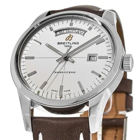 Transocean Day Date Automatic Silver Dial Brown Leather Strap Men's Watch