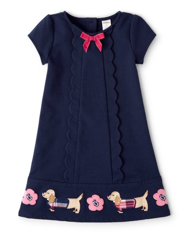 Girls Short Sleeve Embroidered Floral And Dog Scalloped Ponte Knit Dress - Preppy Puppy