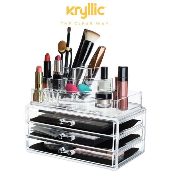 Acrylic Makeup Cosmetic Storage Organizer - 3 case drawer with 8 slot organizers for brush palette lipstick pens make up nailpolish lotion and creams! Countertop box tray drawers for vanity or bedroom