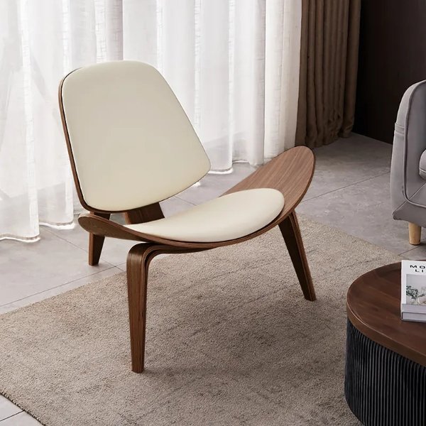 Modern Tripod White Leather Lounge Chair with Single Side in Walnut-Homary