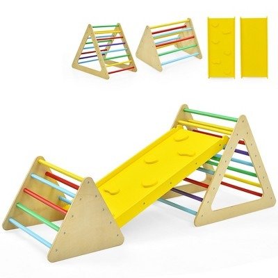 Costway 3 in 1 Kids Climbing Ladder Set 2 Triangle Climbers w/Ramp for Sliding & Climbing