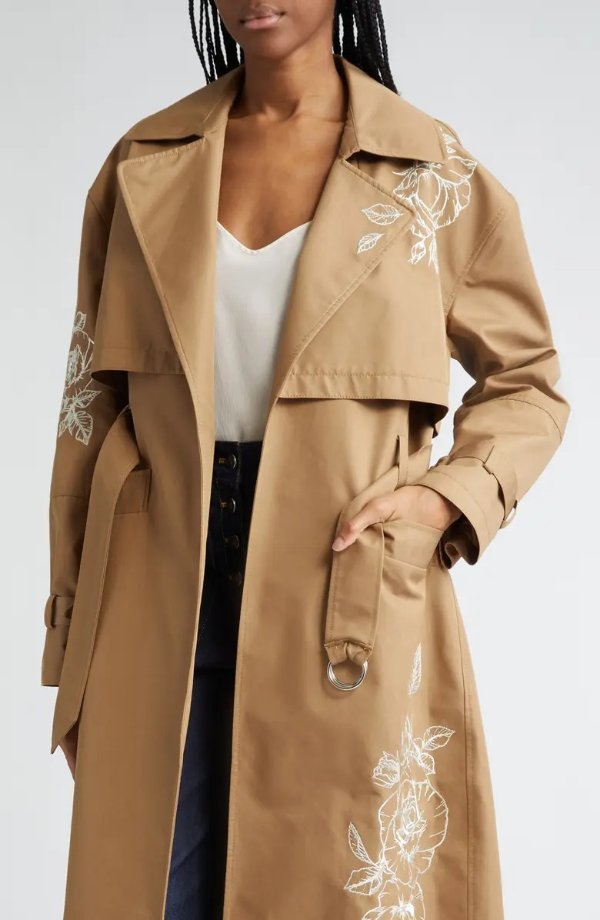 Astrid Embroidered Floral Detail Cotton Blend Trench Coat