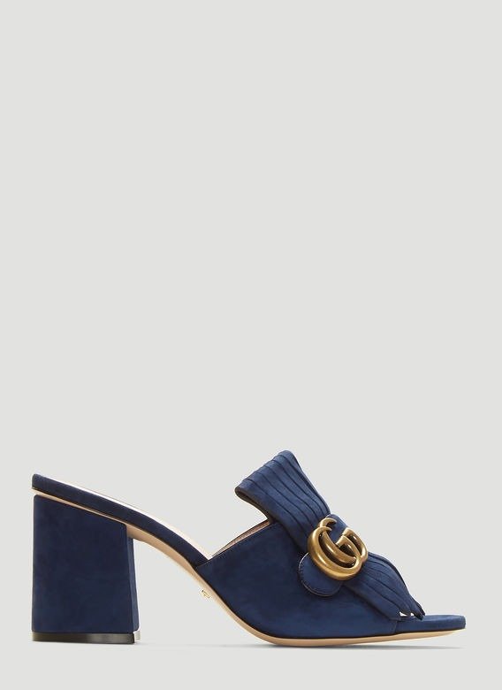 GG Mid-Heel Fringed Marmont Mules in Blue