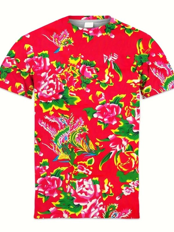 Plus Size Men's Flowers Print T-shirt Chinese Style Northeast Personalized Tees, Men's Clothing