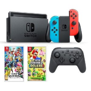 NS + Switch Pro Controller + Smash Bros & Mario Deluxe U Bundle + $50 Gift Card
