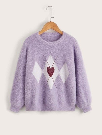 Girls Argyle & Heart Pattern Fuzzy Knit Sweater