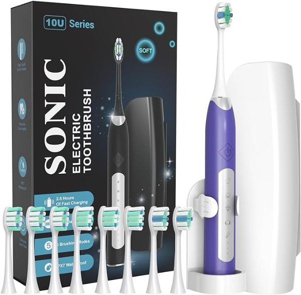 Sonic Electric Toothbrushes for Adults - Rechargeable Electric Toothbrush with Travel Case, 8 Brush Heads and a Holder, Power Whitening Toothbrush Fast Charge for 90 Days Use(Purple)