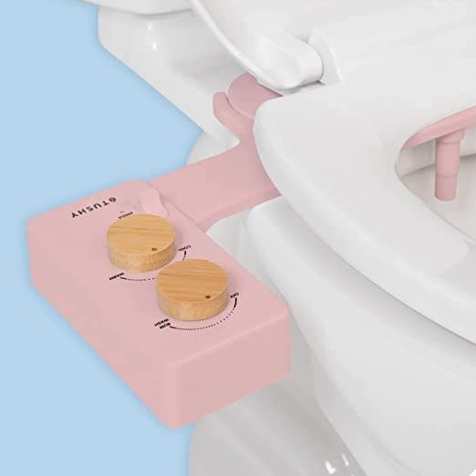 3.0 Warm Water Spa Bidet Attachment | Self Cleaning Fresh Water Sprayer +Adjustable Pressure Nozzle, Angle Control, (Adjustable Cool to Warm Water Temperature Option), (Pink/Bamboo)