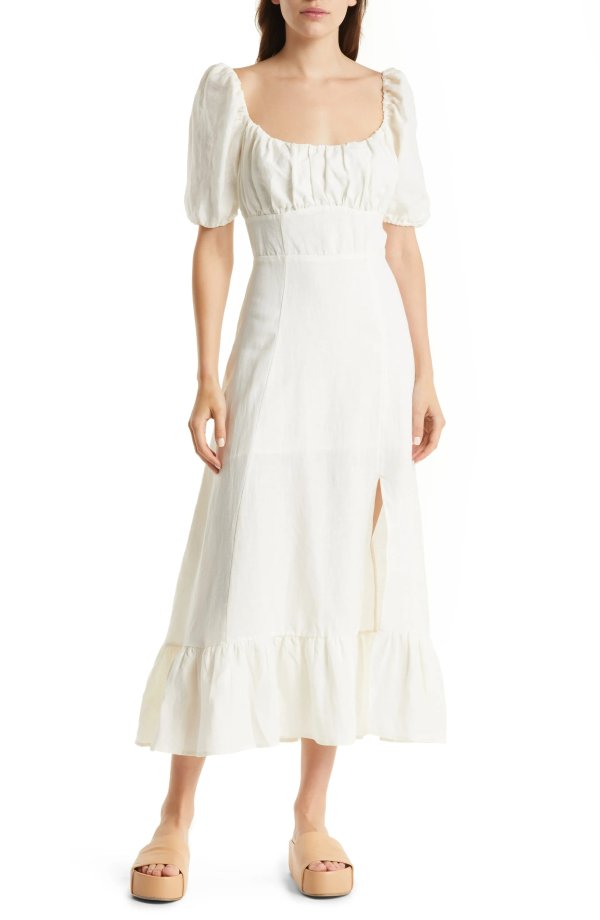 Puff Sleeve Linen Midi Dress