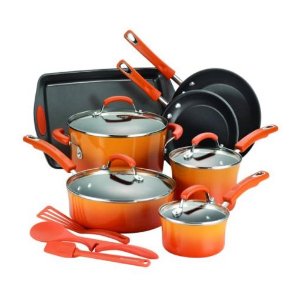 Rachael Ray 14-Piece Hard Enamel Nonstick Cookware Set, Orange