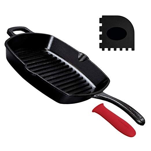 Cast Iron Square Grill Pan - 10.5 Inch Pre-Seasoned Skillet with Handle Cover and Pan Scraper - Grill, Stovetop, Induction Safe - Indoor and Outdoor Use - for Grilling, Frying, Sauteing