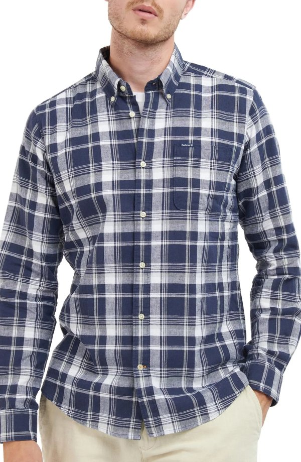 Ezra Tailored Fit Plaid Linen & Cotton Button-Down Shirt