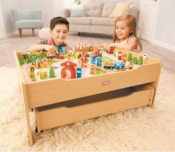 Real Wooden Train and Kids Table Set with Over 80 Multicolor Pieces Activity Table with Storage, Tracks, Trains, Cars, and More - Train Set Table Playset for Boys and Girls 3+ Years