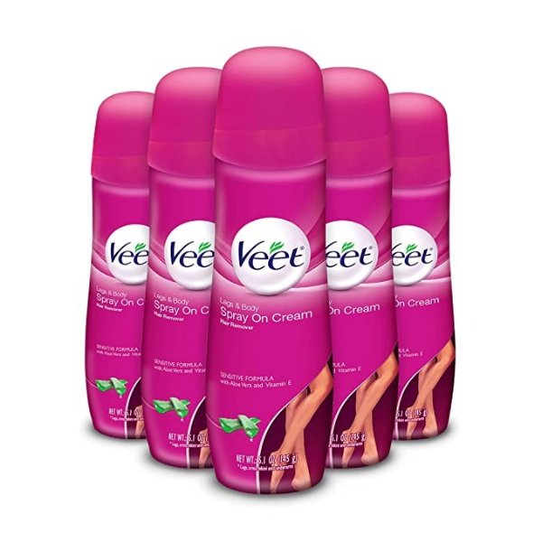 Hair Removal Cream – VEET Legs & Body 3 in 1 Spray On Hair Removal Cream, Sensitive Formula with Aloe Vera and Vitamin E, 5.1 oz Spray Can (Pack of 5)