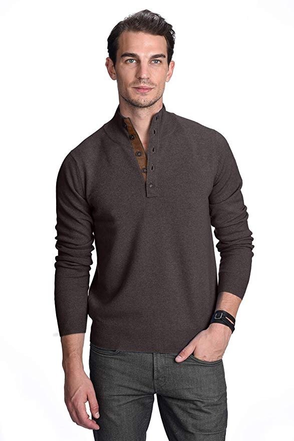 Button Up Mock Neck Sweater 100% Pure Cashmere Long Sleeve Polo Quarter Collar Pullover