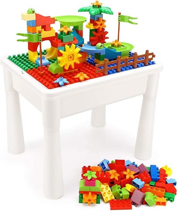Kids 5-in-1 Activity Table Set- Learning Water Table with 85 Pcs Marble Run Building Blocks Compatible Classic Large Bricks,Sand Play Table with Storage for Toddler Age 1 2 Toy