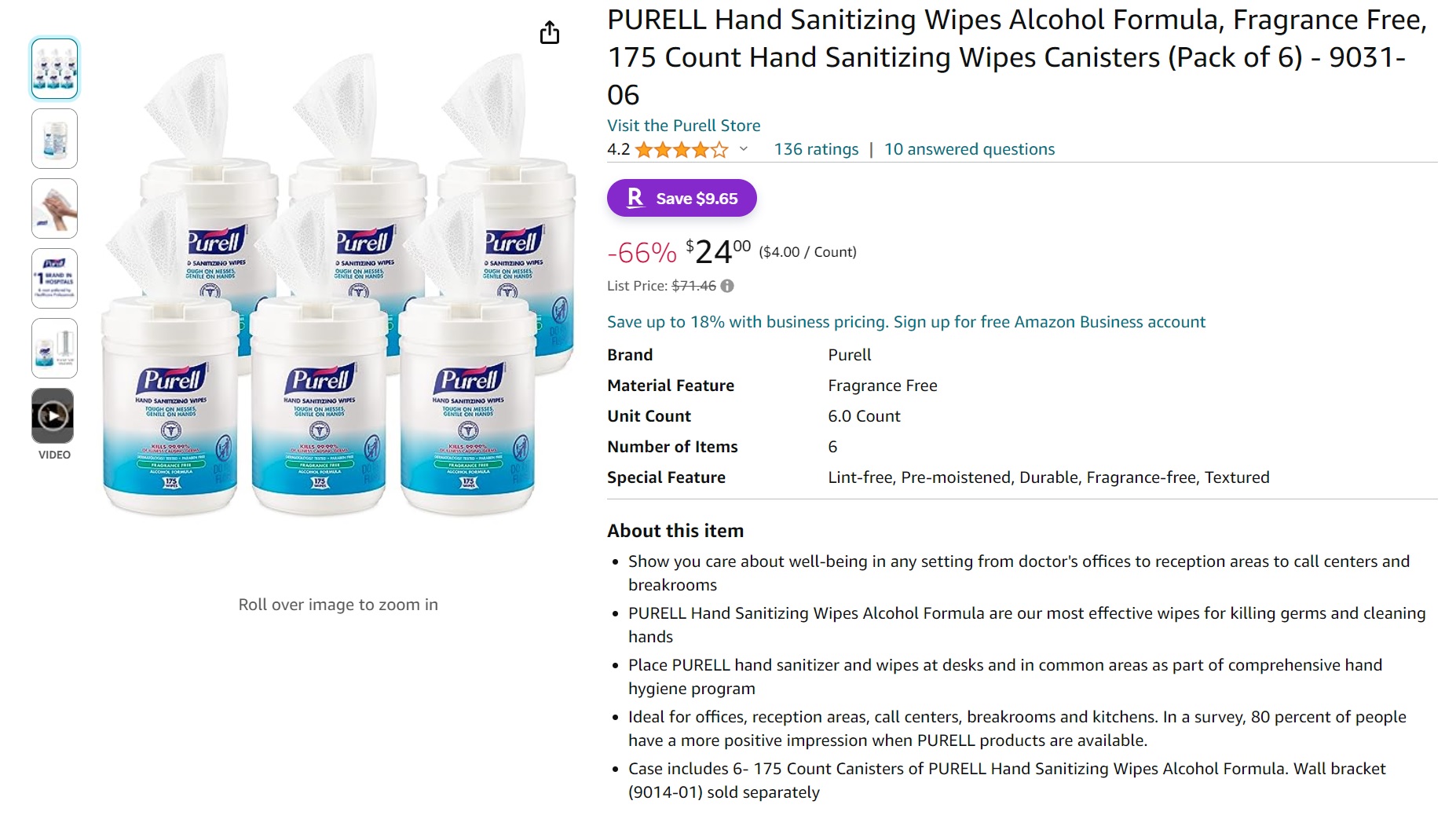 Amazon.com: PURELL Hand Sanitizing Wipes Alcohol Formula, Fragrance Free, 175 Count Hand Sanitizing Wipes Canisters (Pack of 6) - 9031-06 : Health &amp; Household