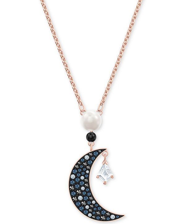 Rose Gold-Tone Imitation Pearl & Crystal Moon Pendant Necklace, 15-5/8" + 2" extender
