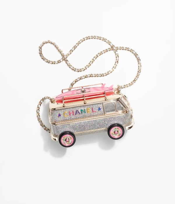 Mini van minaudiere, Plexi, enamel, strass & gold-tone metal, silver, gold & pink — Fashion | CHANEL