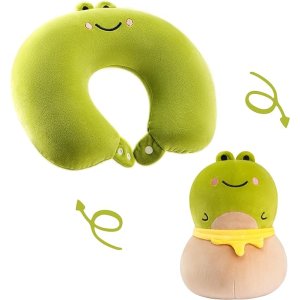 Kids Travel Pillow Toddler Neck Pillow for Airplanes Sleeping Convertible Frog Plush 2in1 Travel Neck Pillows Plane Road Trips