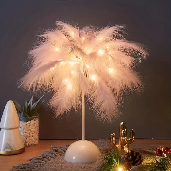Valentine's Day Romantic Feather Table Lamp, Pink & White Indoor String Lights, Energy Efficient Flower Theme, Touch Control, AA Battery Powered, Bedroom Decorative Night Light, Gift for Children's Birthday (Batteries Not Included)
