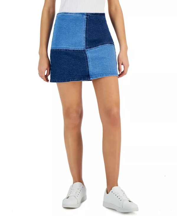 Juniors' Seamed Colorblocked Mini Denim Skirt, Created for Macy's