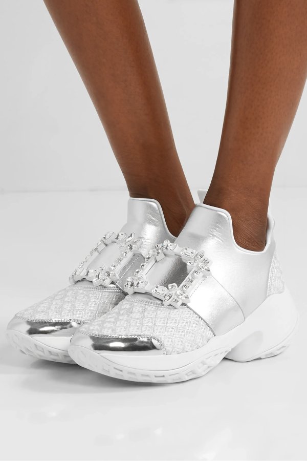 Viv Run crystal-embellished metallic neoprene, leather and mesh slip-on sneakers