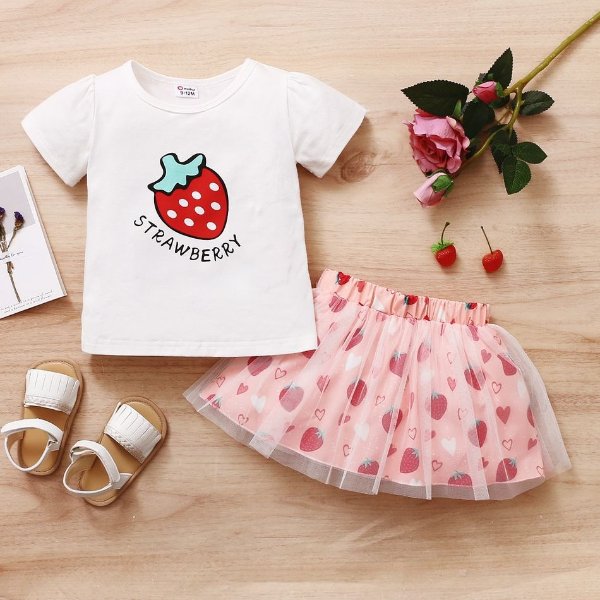 2pcs Baby Girl Short-sleeve Strawberry Print Suit Baby's Sets