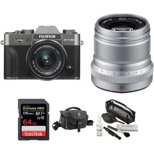 X-T30 Mirrorless Digital Camera with 15-45mm and 50mm f/2 Lenses and Accessories Kit (Charcoal Silver/Silver)