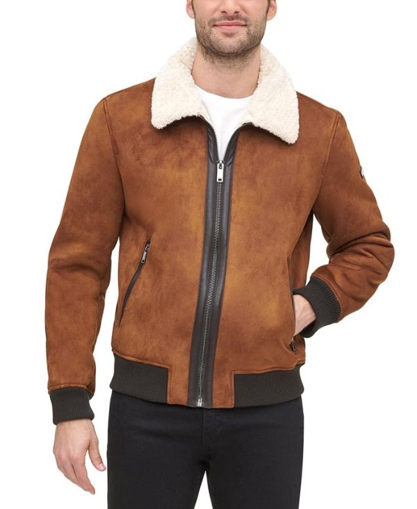 Men's Faux Shearling Bomber Jacket with Faux Fur Collar, Created for Macy's