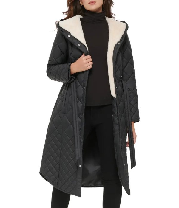 Belted quilted long jacket With Faux Sherpa Lining