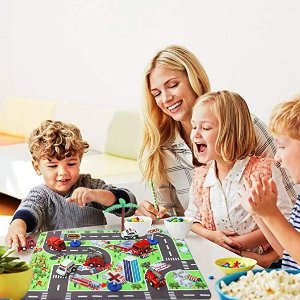 Fire Truck Toys with Play Mat, 6 Fire Engines, 3 Road Signs, 14" x 18" Fire Rescue Playmat