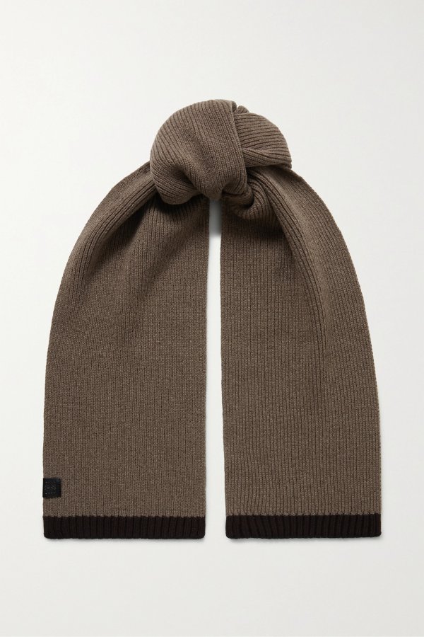 Leather-trimmed two-tone ribbed wool scarf