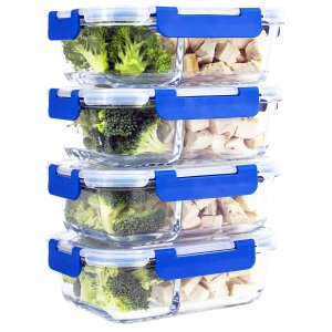 2 Compartment Glass Meal Prep Containers 8-Piece Set with Snap Locking Lid